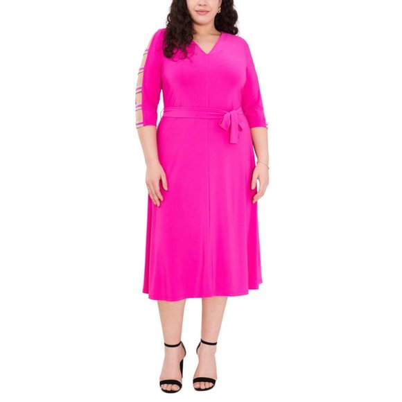 MSK Dresses & Skirts - Msk Plus Size Ladder-Sleeve MIDI Fit & Flare Glitter Sleeves Dress Fuchsia 1X